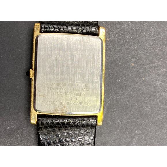 Phasar Gold Tone Rectangle Black Dial Quartz Watch Y100-5470 Black Leather Band - Picture 4 of 8